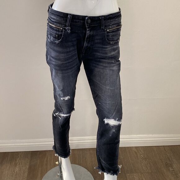 R13 Biker Boy Jeans in Albany Washed Black w Rips Cropped Skinny Straight - Picture 1 of 10